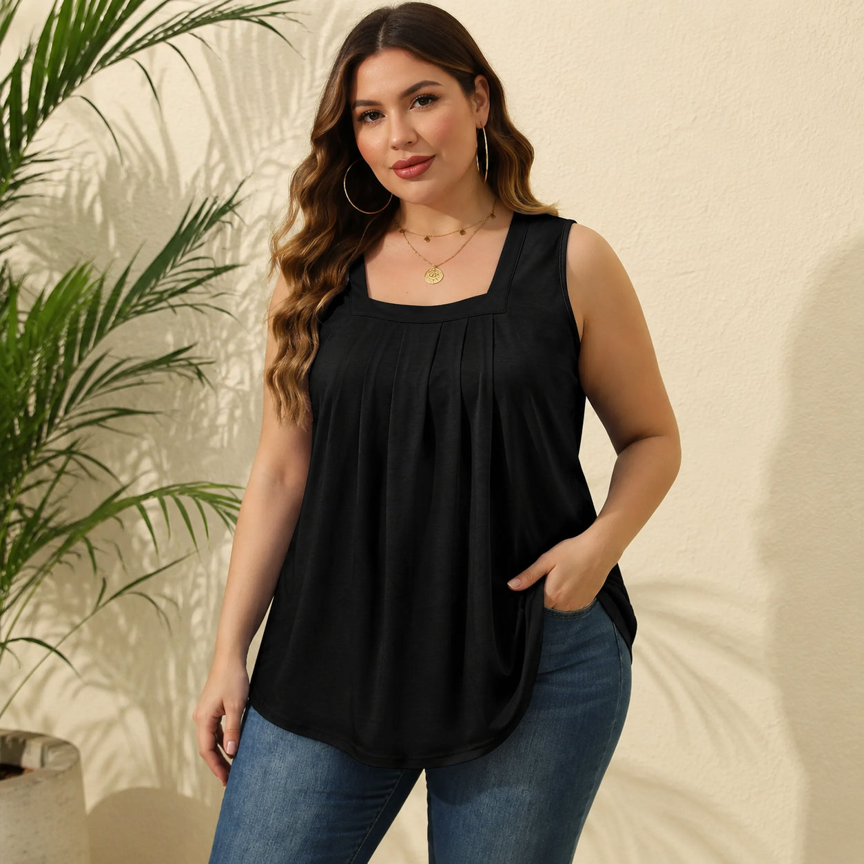 Pleated Square Neck Flowy Tank