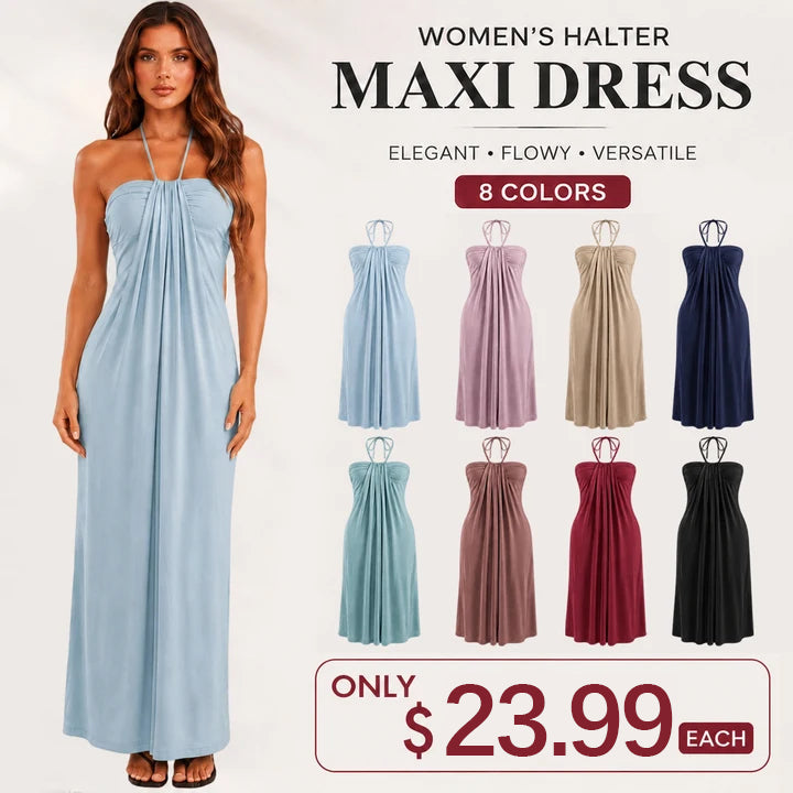 🔥 Women's Halter Tie Back Maxi Dress with Pockets – Flattering Fit, Elegant Style & Everyday Comfort