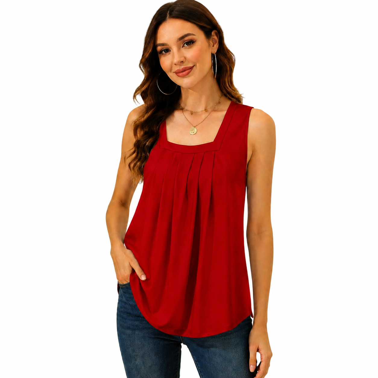 Pleated Square Neck Flowy Tank