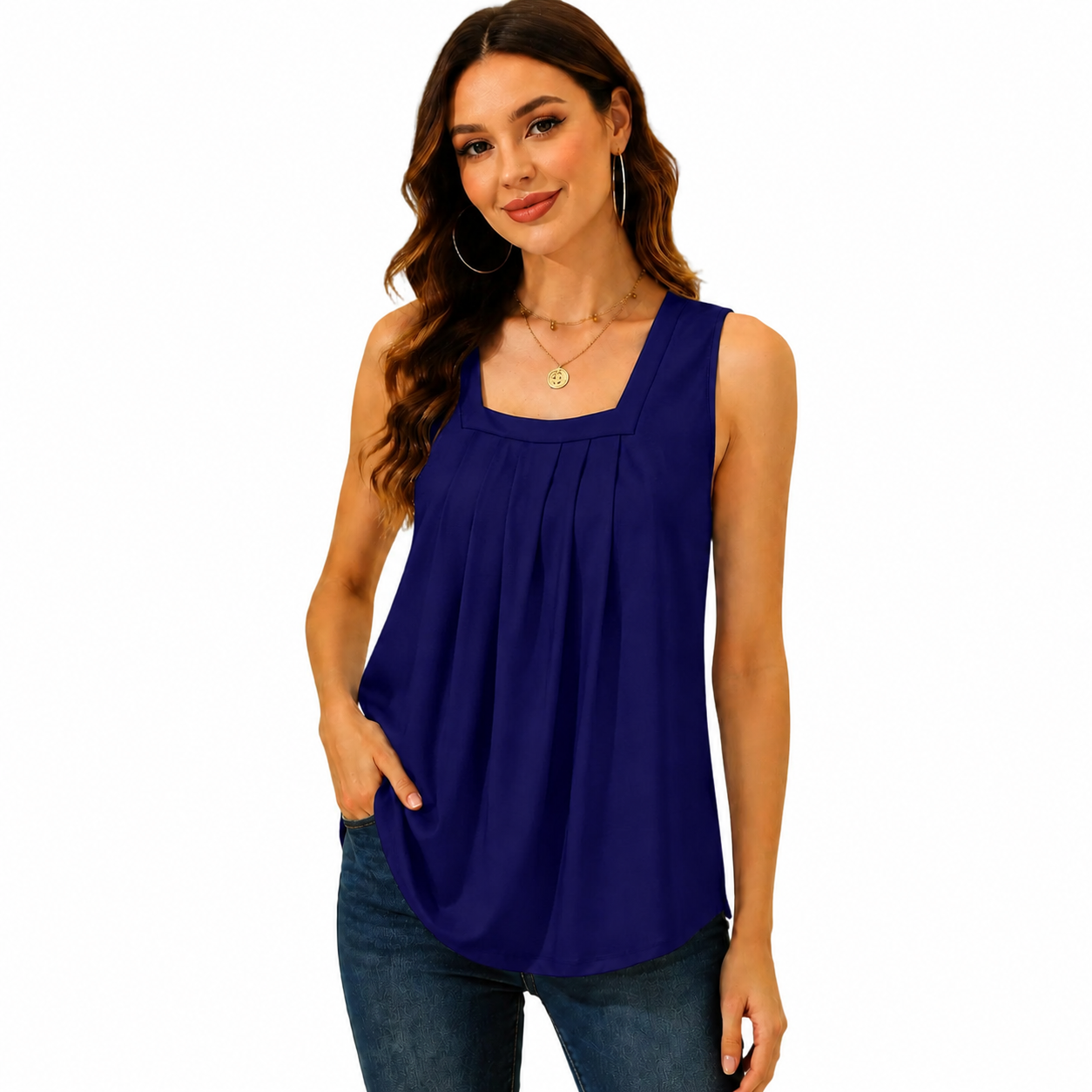 Pleated Square Neck Flowy Tank