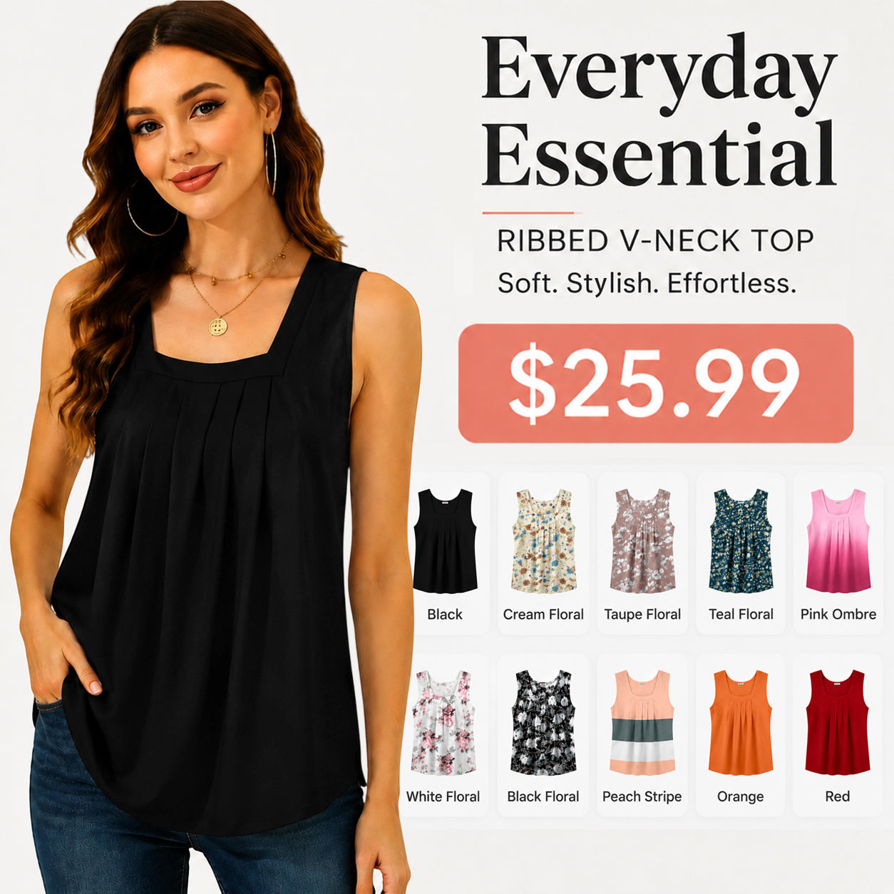 Pleated Square Neck Flowy Tank