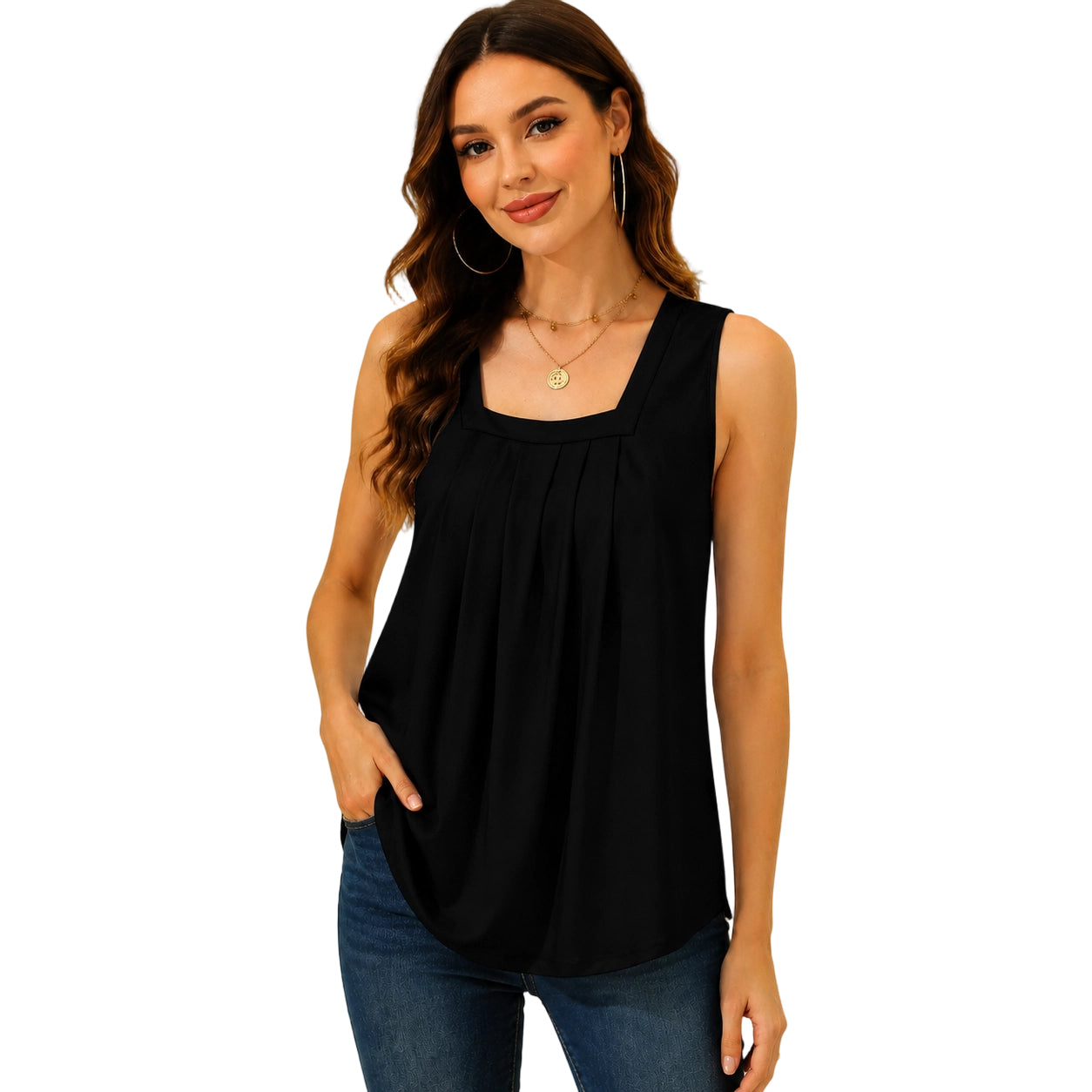 Pleated Square Neck Flowy Tank