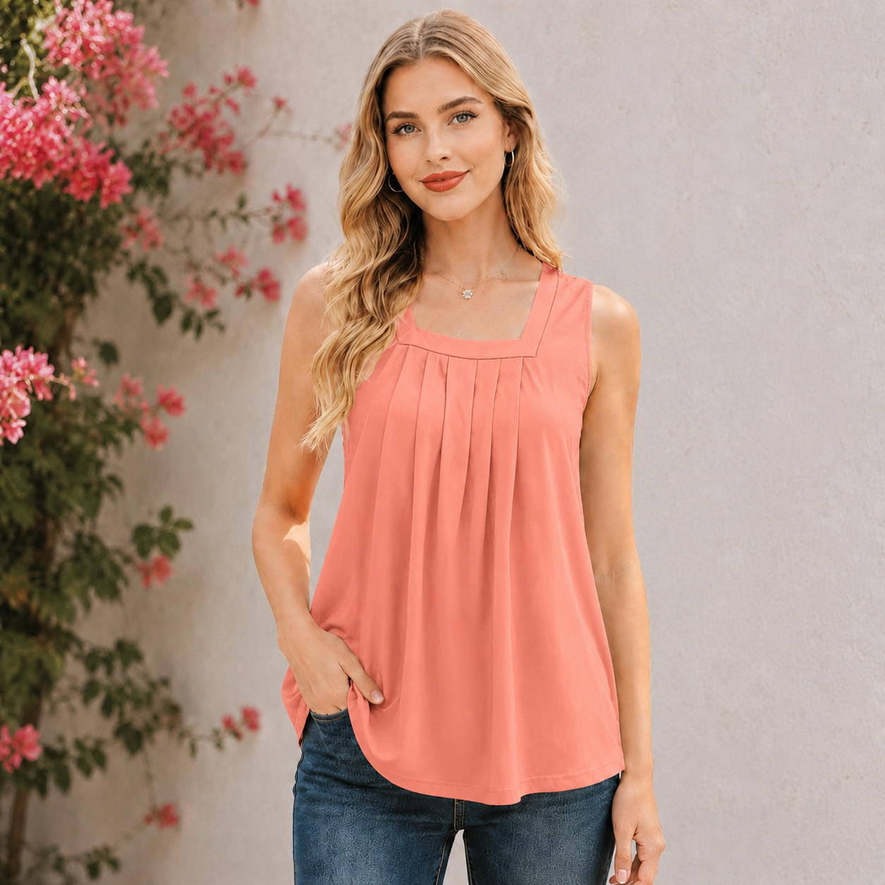 Pleated Square Neck Flowy Tank